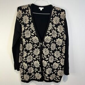 J. Jill L Black Tan Floral Sunflower Jacquard Cardigan Sweater One Button Tunic